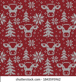 Knitted Christmas and New Year pattern in cow. Wool Knitting Sweater Design. Wallpaper wrapping paper textile print.