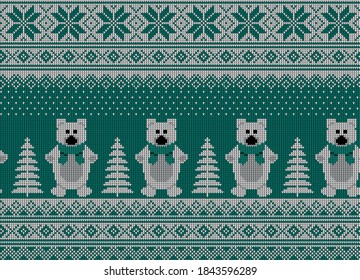 Knitted Christmas and New Year pattern . Wool Knitting Sweater Design. Wallpaper wrapping paper textile print.