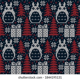 Knitted Christmas and New Year pattern . Wool Knitting Sweater Design. Wallpaper wrapping paper textile print.