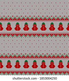 Knitted Christmas and New Year pattern in cow. Wool Knitting Sweater Design. Wallpaper wrapping paper textile print. eps 10