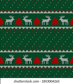 Knitted Christmas and New Year pattern in cow. Wool Knitting Sweater Design. Wallpaper wrapping paper textile print. eps 10