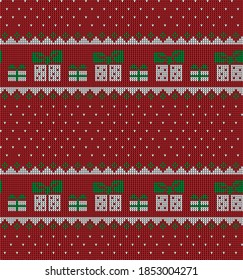 Knitted Christmas and New Year pattern in cow. Wool Knitting Sweater Design. Wallpaper wrapping paper textile print. eps 10