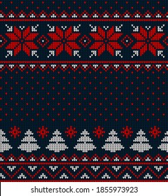 Knitted Christmas and New Year pattern in cow. Wool Knitting Sweater Design. Wallpaper wrapping paper textile print. eps 10