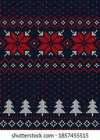 Knitted Christmas and New Year pattern in cow. Wool Knitting Sweater Design. Wallpaper wrapping paper textile print. eps 10