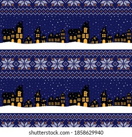 Knitted Christmas and New Year pattern. Wool Knitting Sweater Design. Wallpaper wrapping paper textile print. eps 10
