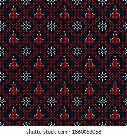 Knitted Christmas and New Year pattern. Wool Knitting Sweater Design. Wallpaper wrapping paper textile print. eps 10