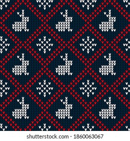 Knitted Christmas and New Year pattern. Wool Knitting Sweater Design. Wallpaper wrapping paper textile print. eps 10