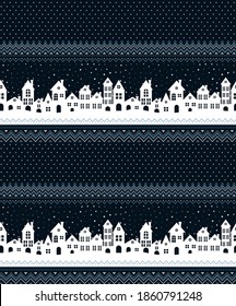 Knitted Christmas and New Year pattern. Wool Knitting Sweater Design. Wallpaper wrapping paper textile print. eps 10