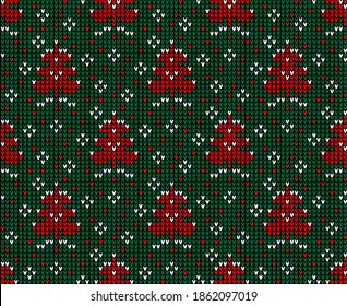 Knitted Christmas and New Year pattern. Wool Knitting Sweater Design. Wallpaper wrapping paper textile print. eps 10