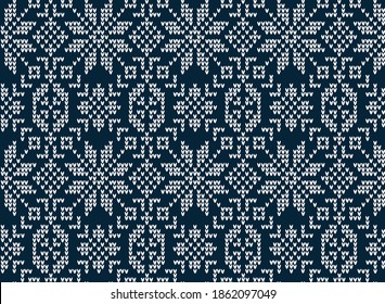 Knitted Christmas and New Year pattern. Wool Knitting Sweater Design. Wallpaper wrapping paper textile print. eps 10