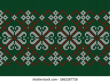 Knitted Christmas and New Year pattern. Wool Knitting Sweater Design. Wallpaper wrapping paper textile print. eps 10