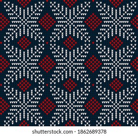 Knitted Christmas and New Year pattern. Wool Knitting Sweater Design. Wallpaper wrapping paper textile print. eps 10