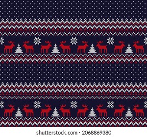 Knitted Christmas and New Year pattern at Buffalo Plaid. Wool Knitting Sweater Design. Wallpaper wrapping paper textile print.