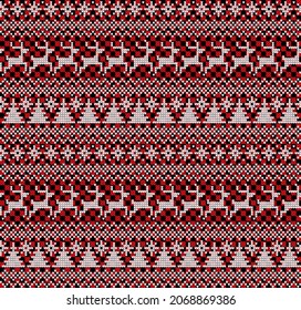Knitted Christmas and New Year pattern at Buffalo Plaid. Wool Knitting Sweater Design. Wallpaper wrapping paper textile print.