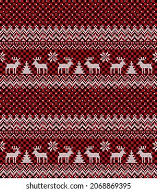 Knitted Christmas and New Year pattern at Buffalo Plaid. Wool Knitting Sweater Design. Wallpaper wrapping paper textile print.