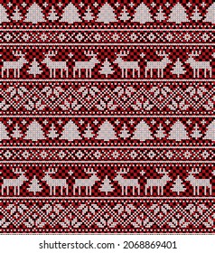 Knitted Christmas and New Year pattern at Buffalo Plaid. Wool Knitting Sweater Design. Wallpaper wrapping paper textile print.