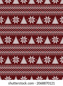 Knitted Christmas and New Year pattern at Buffalo Plaid. Wool Knitting Sweater Design. Wallpaper wrapping paper textile print.