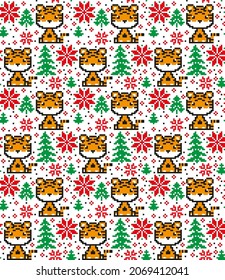 Knitted Christmas and New Year pattern in Tiger. Wool Knitting Sweater Design. Wallpaper wrapping paper textile print.