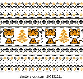 Knitted Christmas and New Year pattern in Tiger. Wool Knitting Sweater Design. Wallpaper wrapping paper textile print. Eps 10