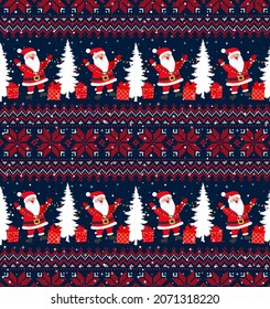 Knitted Christmas and New Year pattern into santa. Wool Knitting Sweater Design. Wallpaper wrapping paper textile print.
