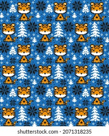 Knitted Christmas and New Year pattern in Tiger. Wool Knitting Sweater Design. Wallpaper wrapping paper textile print.