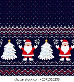 Knitted Christmas and New Year pattern into santa. Wool Knitting Sweater Design. Wallpaper wrapping paper textile print. Eps 10