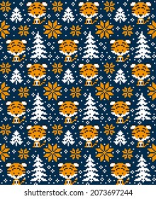 Knitted Christmas and New Year pattern in Tiger. Wool Knitting Sweater Design. Wallpaper wrapping paper textile print.
