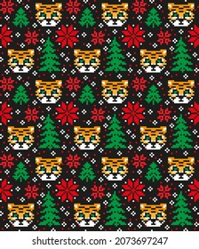 Knitted Christmas and New Year pattern in Tiger. Wool Knitting Sweater Design. Wallpaper wrapping paper textile print. Eps 10