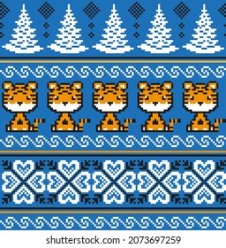 Knitted Christmas and New Year pattern in Tiger. Wool Knitting Sweater Design. Wallpaper wrapping paper textile print. Eps 10