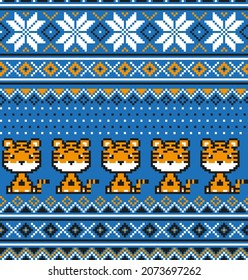 Knitted Christmas and New Year pattern in Tiger. Wool Knitting Sweater Design. Wallpaper wrapping paper textile print. Eps 10