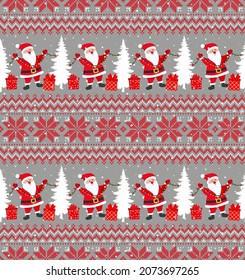 Knitted Christmas and New Year pattern into santa. Wool Knitting Sweater Design. Wallpaper wrapping paper textile print.