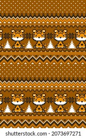 Knitted Christmas and New Year pattern in Tiger. Wool Knitting Sweater Design. Wallpaper wrapping paper textile print. Eps 10