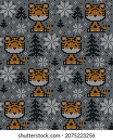 Knitted Christmas and New Year pattern in Tiger. Wool Knitting Sweater Design. Wallpaper wrapping paper textile print. Eps 10