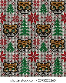 Knitted Christmas and New Year pattern in Tiger. Wool Knitting Sweater Design. Wallpaper wrapping paper textile print. Eps 10