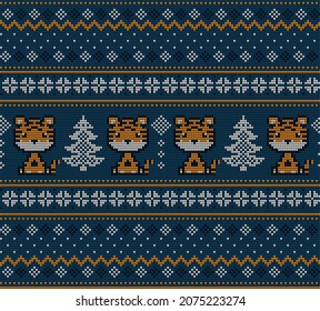 Knitted Christmas and New Year pattern in Tiger. Wool Knitting Sweater Design. Wallpaper wrapping paper textile print. Eps 10