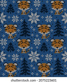 Knitted Christmas and New Year pattern in Tiger. Wool Knitting Sweater Design. Wallpaper wrapping paper textile print. Eps 10