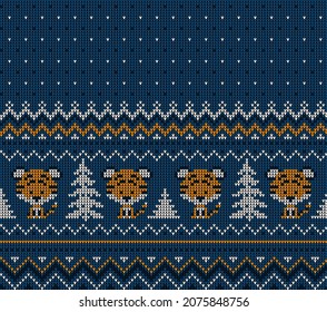 Knitted Christmas and New Year pattern in Tiger. Wool Knitting Sweater Design. Wallpaper wrapping paper textile print. Eps 10