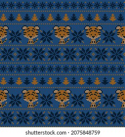 Knitted Christmas and New Year pattern in Tiger. Wool Knitting Sweater Design. Wallpaper wrapping paper textile print. Eps 10