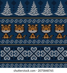 Knitted Christmas and New Year pattern in Tiger. Wool Knitting Sweater Design. Wallpaper wrapping paper textile print. Eps 10