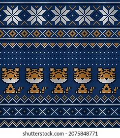 Knitted Christmas and New Year pattern in Tiger. Wool Knitting Sweater Design. Wallpaper wrapping paper textile print. Eps 10