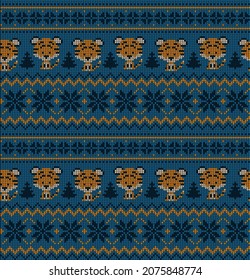 Knitted Christmas and New Year pattern in Tiger. Wool Knitting Sweater Design. Wallpaper wrapping paper textile print. Eps 10