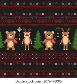 Knitted Christmas and New Year pattern. Wool Knitting Sweater Design. Wallpaper wrapping paper textile print. Eps 10
