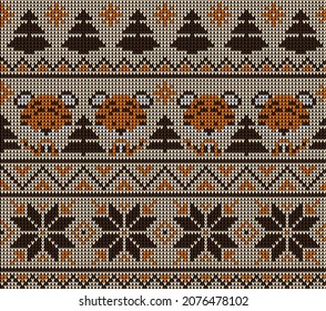 Knitted Christmas and New Year pattern in Tiger. Wool Knitting Sweater Design. Wallpaper wrapping paper textile print. Eps 10