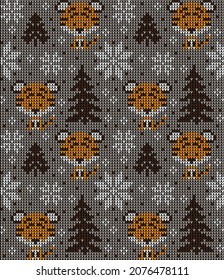 Knitted Christmas and New Year pattern in Tiger. Wool Knitting Sweater Design. Wallpaper wrapping paper textile print. Eps 10