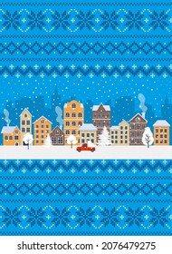 Knitted Christmas and New Year pattern. Wool Knitting Sweater Design. Wallpaper wrapping paper textile print. Eps 10