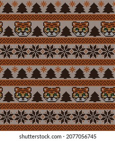 Knitted Christmas and New Year pattern in Tiger. Wool Knitting Sweater Design. Wallpaper wrapping paper textile print. Eps 10
