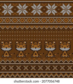 Knitted Christmas and New Year pattern in Tiger. Wool Knitting Sweater Design. Wallpaper wrapping paper textile print. Eps 10