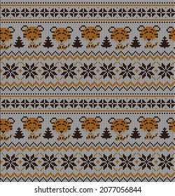 Knitted Christmas and New Year pattern in Tiger. Wool Knitting Sweater Design. Wallpaper wrapping paper textile print. Eps 10