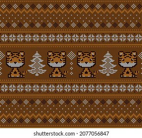 Knitted Christmas and New Year pattern in Tiger. Wool Knitting Sweater Design. Wallpaper wrapping paper textile print. Eps 10