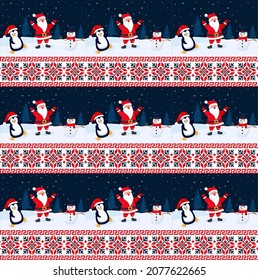Knitted Christmas and New Year pattern. Wool Knitting Sweater Design. Wallpaper wrapping paper textile print. Eps 10